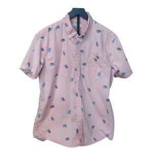 SONOMA Mens Short Sleeve Cassette Tape Print Button Up Shirt Size L Pink